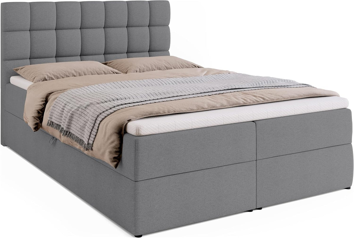 BROMARKT Boxspringbett mit Bettkasten Polsterbett mit Bonell-Matratze und Topper Bett für Schlafzimmer gepolstertes Kopfteil Dakota bonellfedern 140x200 Härtegrad H3 Grau Malmo