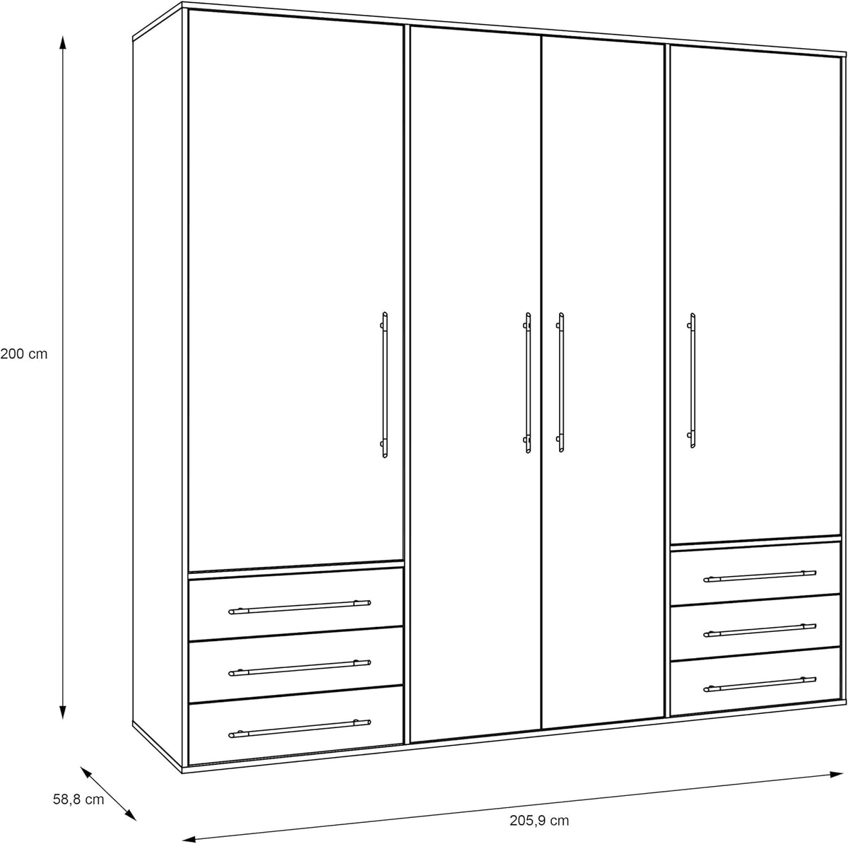 Forte Jupiter Kleiderschrank 205, Großer Schrank mit 4 Türen und 6 Schubladen, Holzwerkstoff, Weiß/Betonoptik Lichtgrau, 205,9 cm breit, 200 cm hoch, 53 cm tief