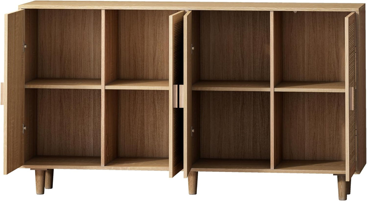 Sideboard mit verstellbaren Ablagen, Modernen Kommode mit 4 Türen, Rattan TV-Tisch mit viel Stauraum für Esszimmer, Wohnzimmer & Schlafzimmer, 158x40x88cm, Easy Assembly Holzfarbe (Holzfarbe)
