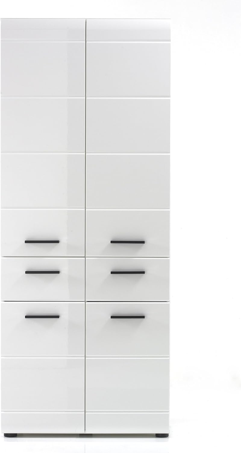 trendteam smart living - Skin - Hochschrank - Weiß/Weiß Hochglanz - Badschrank 12 Fächer und 2 Schubladen - (BxHxT) 30 x 182 x 31 cm - Schwarze Griffe - Kratzfest