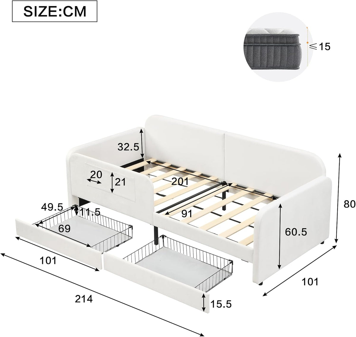 ANIROY Kinder-Spleißbett 90x200cm, Polsterbett, Schlafsofa Daybett Tagesbett Einzelbett mit Metallbettgestell & 3 Aufbewahrungstaschen & 2 Schubladen auf Rollen, Samt, Weiß