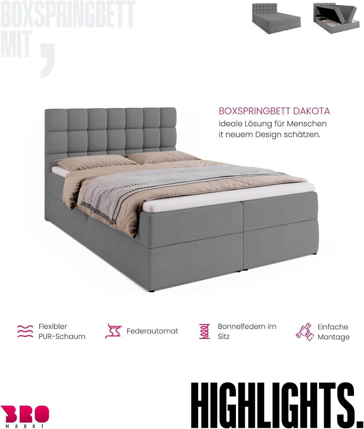 BROMARKT Boxspringbett mit Bettkasten Polsterbett mit Bonell-Matratze und Topper Bett für Schlafzimmer gepolstertes Kopfteil Dakota bonellfedern 140x200 Härtegrad H3 Grau Malmo