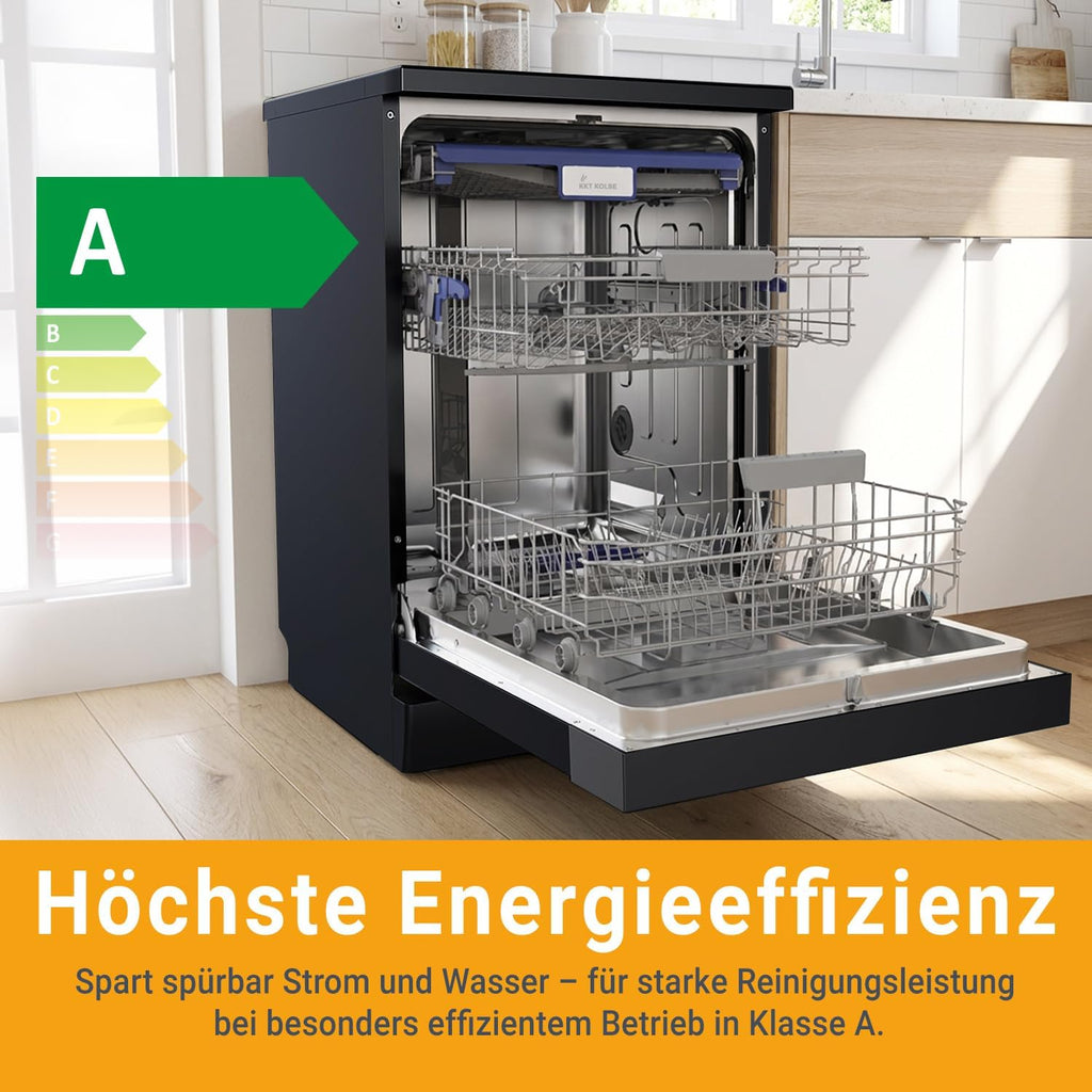 KKT KOLBE 60 cm Geschirrspüler Spülmaschine Schwarz Silber Freistehend, Unterbaufähig, Besteckschublade, LED-Beleuchtung, Automatische Türöffnung, höhenverstellbar, 7 Programme, 14 Maßgedecke, DW60FSS