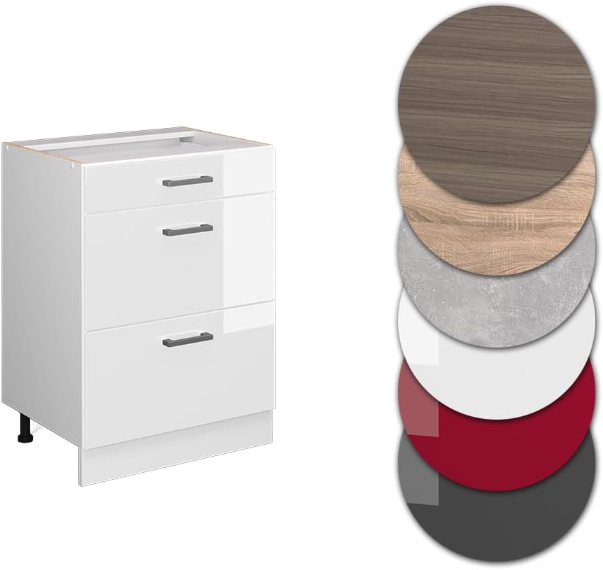 Vicco Küchenunterschrank R-Line, Weiß Hochglanz/Weiß, 60 cm mit Schubladen, ohne Arbeitsplatte