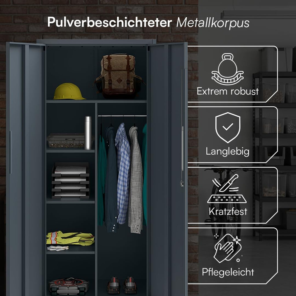 STEELSØN Regulus Metallschrank abschließbar – Garderobenschrank mit 6 Fächern und 1 Kleiderstange – Spind Schrank mit Doppeltüren – Mehrzweckschrank Anthrazit – Kleiderschrank Metall 175x40x80 cm