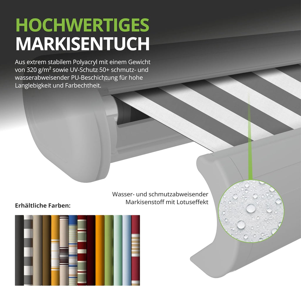 Eclipse Vollkassettenmarkise Premium elektrisch 4,5x3m Markise Balkon Terrassenüberdachung Kassettenmarkise Gelenkarm Polyacryltuch UV-Schutz 50+ Smarthome-fähiger Dooya Motor, Markisentuch: Apfel