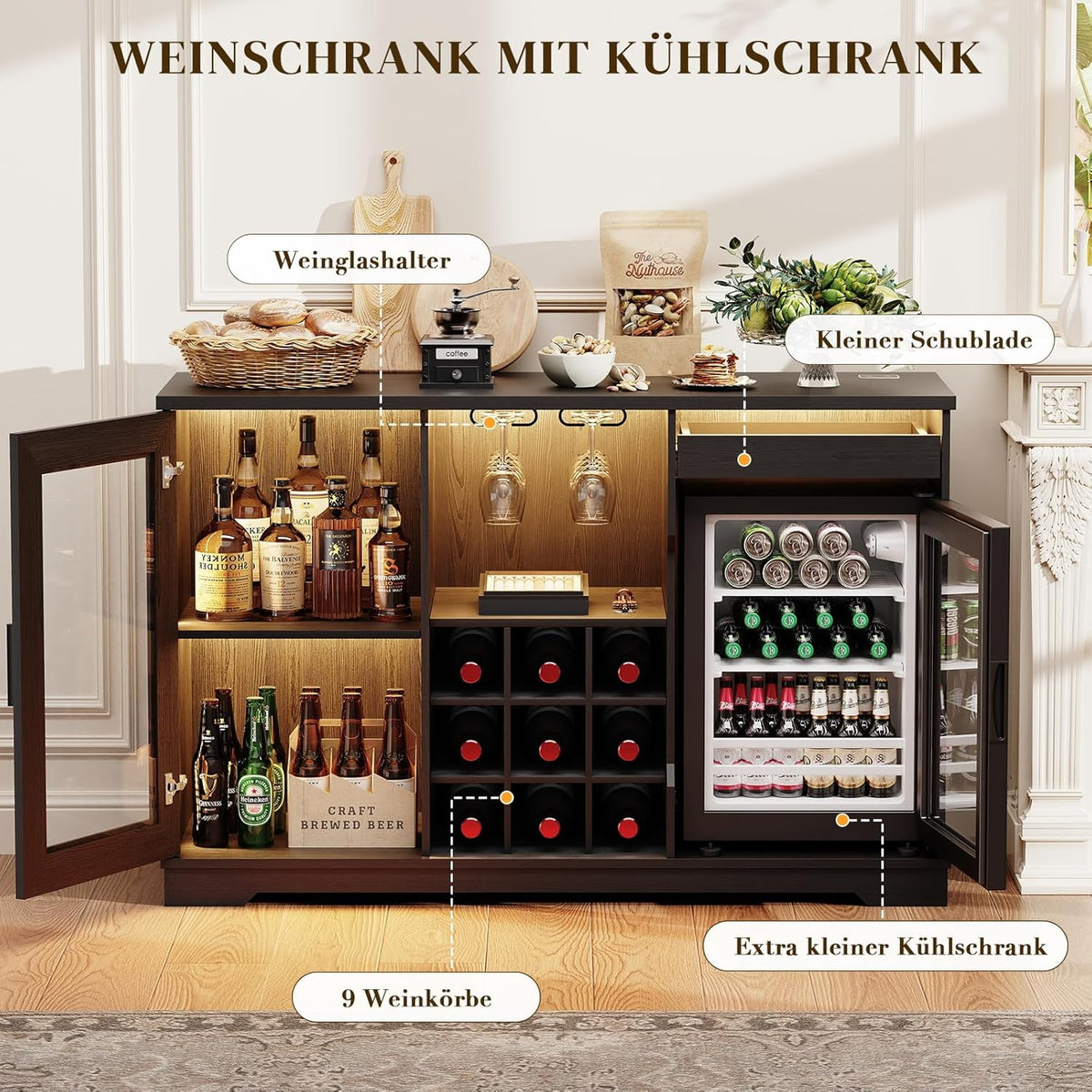 Barschrank mit Kühlschrank (inklusive), weinkühlschrank mit LED-Beleuchtung, Getränkeschrank Sideboard mit Bewegungssensor, Weinschrank für Wohnzimmer Küche Esszimmer (Schwarz)