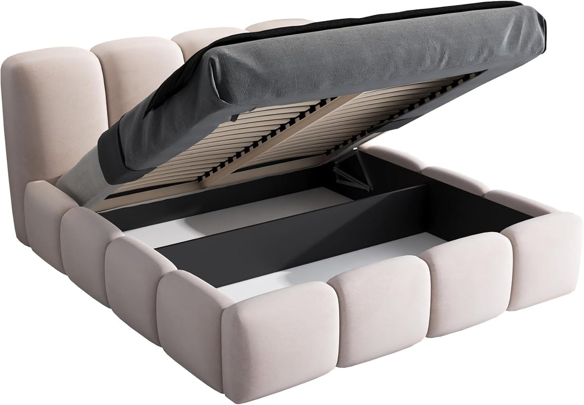 A&J MöbelLand Polsterbett 120x200 mit Bettkasten und Lattenrost – DONA-OM, Bett mit Stauraum in Beige ohne Matratze