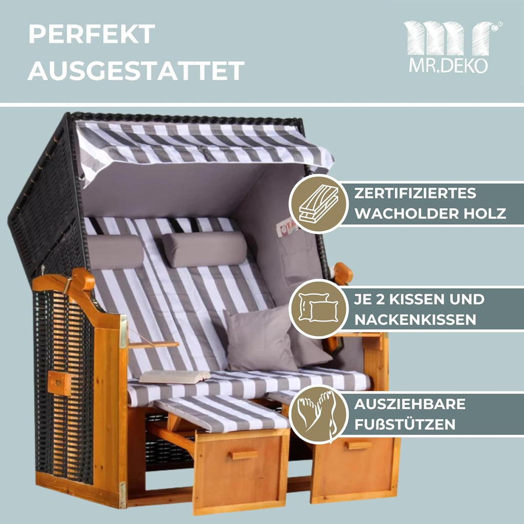 Strandkorb Ostsee Volllieger 2-Sitzer | PE Geflecht Schwarz Bezug Uni grau | inkl. 4 Kissen & Klapptisch | Strandstuhl verstellbar | Strandkörbe Hartholz Fußablage (Dessin Grau Weiß)