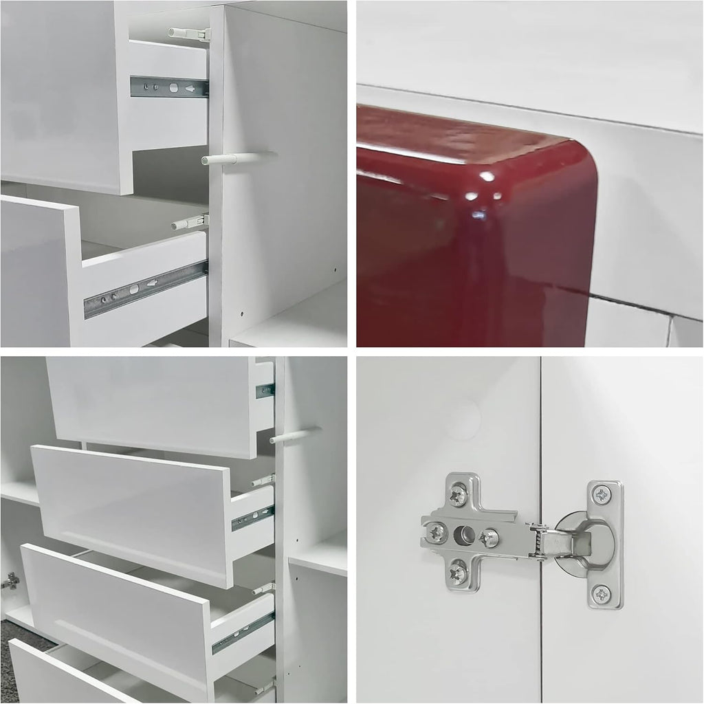 Vladon Sideboard Rova, Made in Germany, Kommode mit 4 Türen und 4 Schubladen, Weiß matt/Weiß Hochglanz/Beton Oxid Optik (166 x 72 x 35 cm)