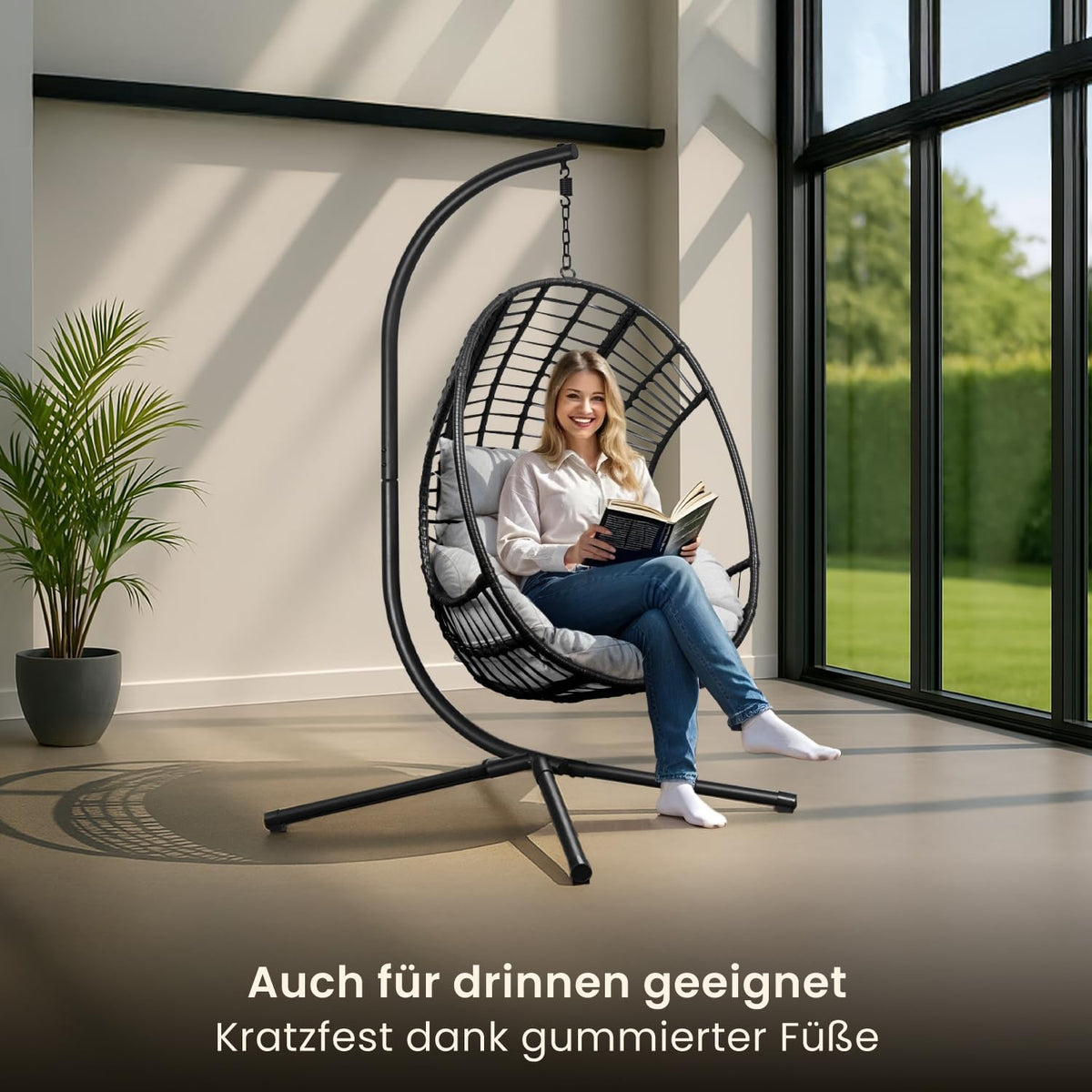 Swoods XXL Hängesessel mit Gestell - Hängesessel Für Indoor und Outdoor - Inkl. Kissen - Egg Chair - bis 150kg (Hellgrau)