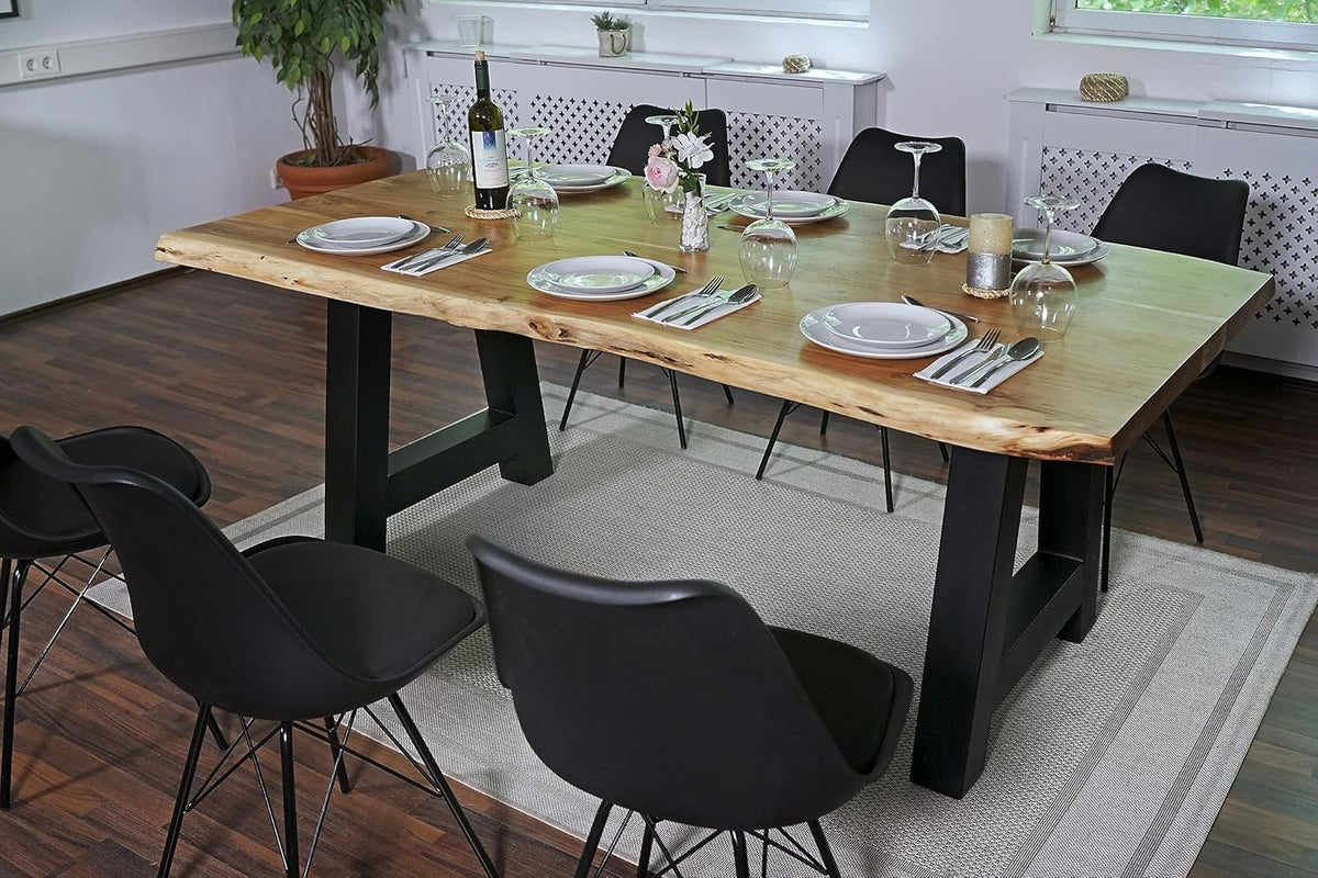 SAM Esstisch 180 x 90 cm Cali, Baumkantentisch naturfarben, Akazienholz massiv, A-Gestell aus Metall Schwarz, aufgedoppelte Kanten 25+25 mm