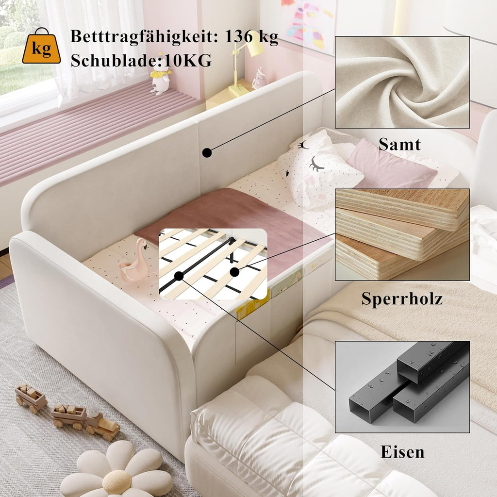 ANIROY Kinder-Spleißbett 90x200cm, Polsterbett, Schlafsofa Daybett Tagesbett Einzelbett mit Metallbettgestell & 3 Aufbewahrungstaschen & 2 Schubladen auf Rollen, Samt, Weiß