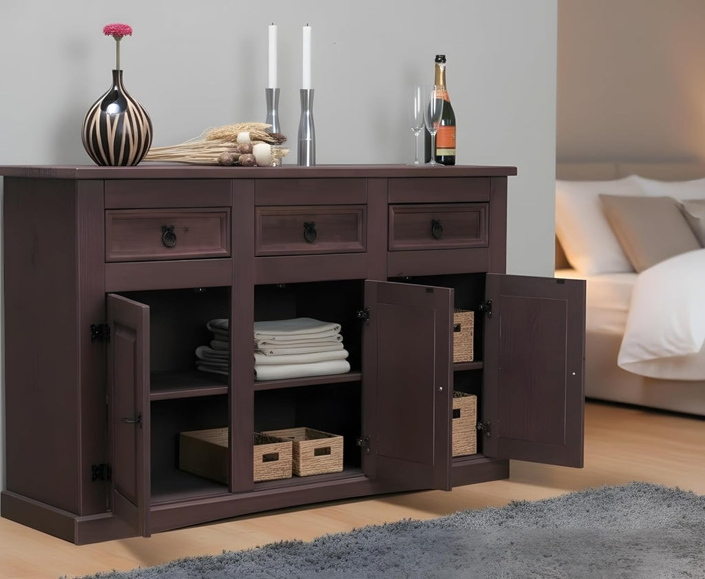 Hacienda-Look – Sideboard New Mexiko 3+3 Anrichte Buffet Schrank Kommode kolonial – 132x84x44 cm – 3 Schublade(n) – Massive Kiefer – Farbe Dunkelbraun – Hacienda-Stil – wärmender