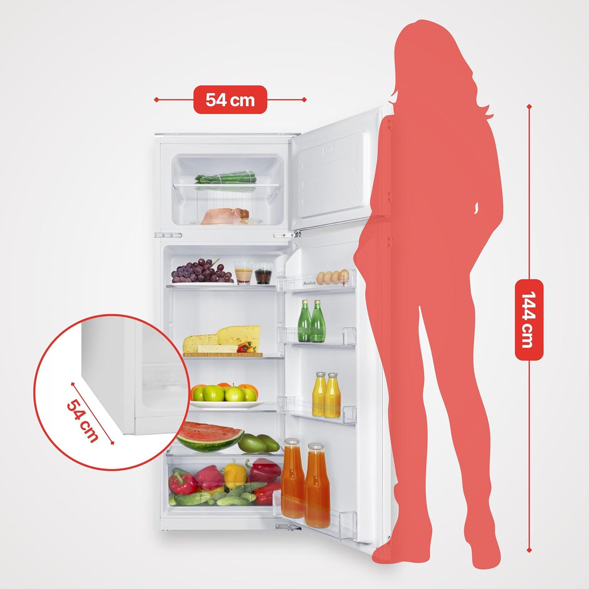 Amica Einbau-Kühlschrank mit Gefrierfach oben, Doppeltür, 145 cm Nische, Schlepptür-Technik, elektronische Steuerung, Inverter-Motor, LED-Beleuchtung