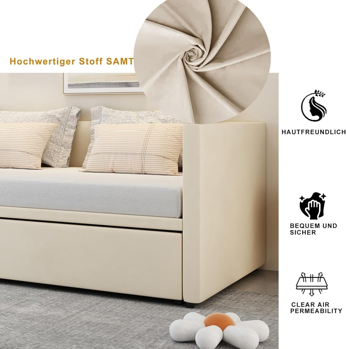 Schlafsofa 200cm Breit, Schlafcouch Ausziehbar, Schrankbett mit Sofa, Murphy Bed 90/180 x 200 cm, Polsterbett Tagesbett Ausziehbar mit Lattenrost, Doppelbett, Samtstoff, ohne Matratze (Beige)