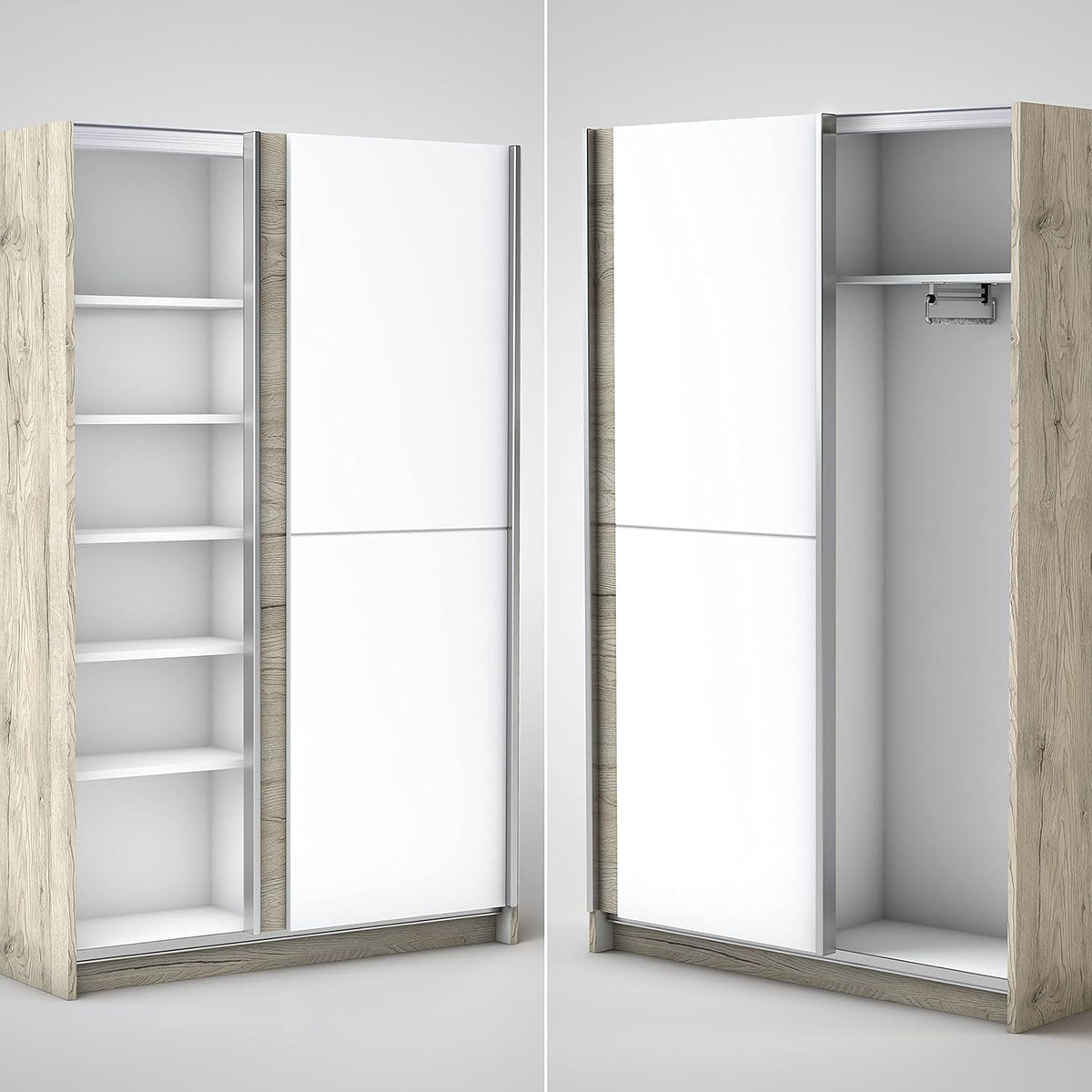 Stella Trading FAST Eleganter Kleiderschrank / Garderobenschrank mit viel Stauraum - Vielseitiger Schwebetürenschrank in San Remo Optik, weiß - 125 x 195 x 38 cm (B/H/T)