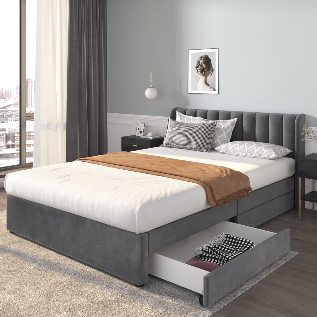 Polsterbett Doppelbett 140x200 cm, Bett mit 2 Stauraum Schubladen und Lattenrost aus Holz, Stauraumbett Bettgestell mit Metallrahmen, Samt, Grau (Ohne Matratze)