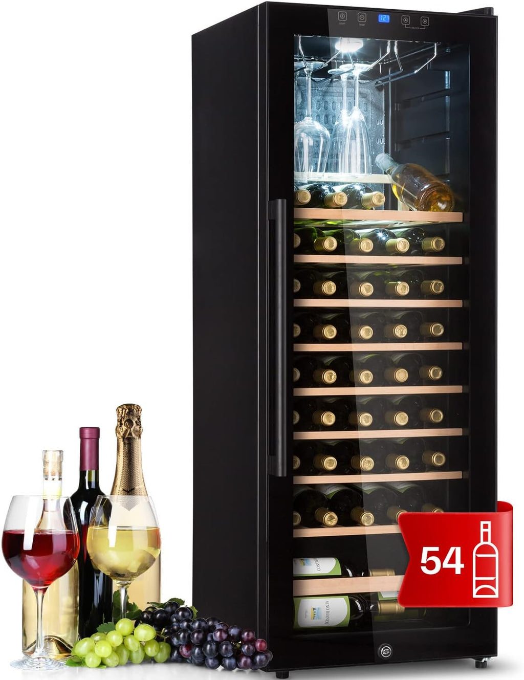 Klarstein Weinkühlschrank, Getränkekühlschrank Schmal, 1 Zone Kühlschrank mit Glastür, Getränkekühlschränke Freistehend, Weinkühlschrank Klein, Weinkühlschränke mit UV-Schutz, 4-18°C, 54 Flaschen