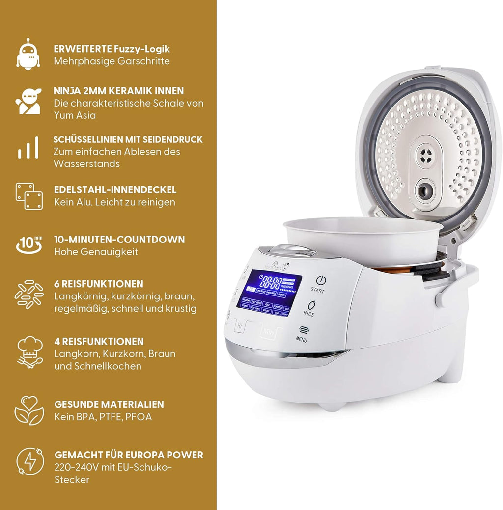 Yum Asia Sakura Reiskocher mit Keramikschale und Advanced Fuzzy Logic (8 Tassen, 1,5 Liter), 6 Reiskochfunktionen, 6 Multikocherfunktionen, Motouch LED-Display, 220-240V EU (schwarz und silber)