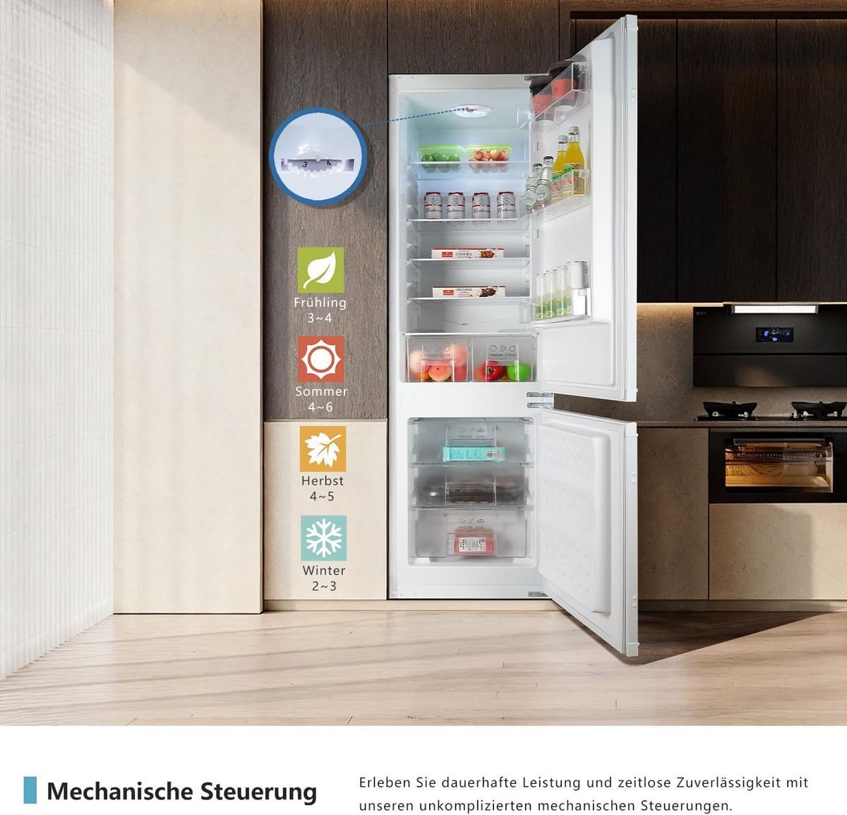 Einbaukühlschrank mit gefrierfach 177 cm hoch x 54 cm breit , 【 Nofrost Plus 】, kühl gefrierkombination einbau 178 kühlschrank | 225 L (181L/44L) | Energieeffizient | 5 hat | Leise | Türs Wechselbar