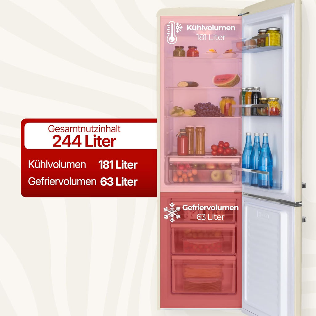 Amica Retro Kühlschrank freistehend mit Gefrierfach 244 l LED Beleuchtung Glasablagen Chrom Flaschengitter 181 x 55 x 62 cm Beige - Kühl Gefrierkombination