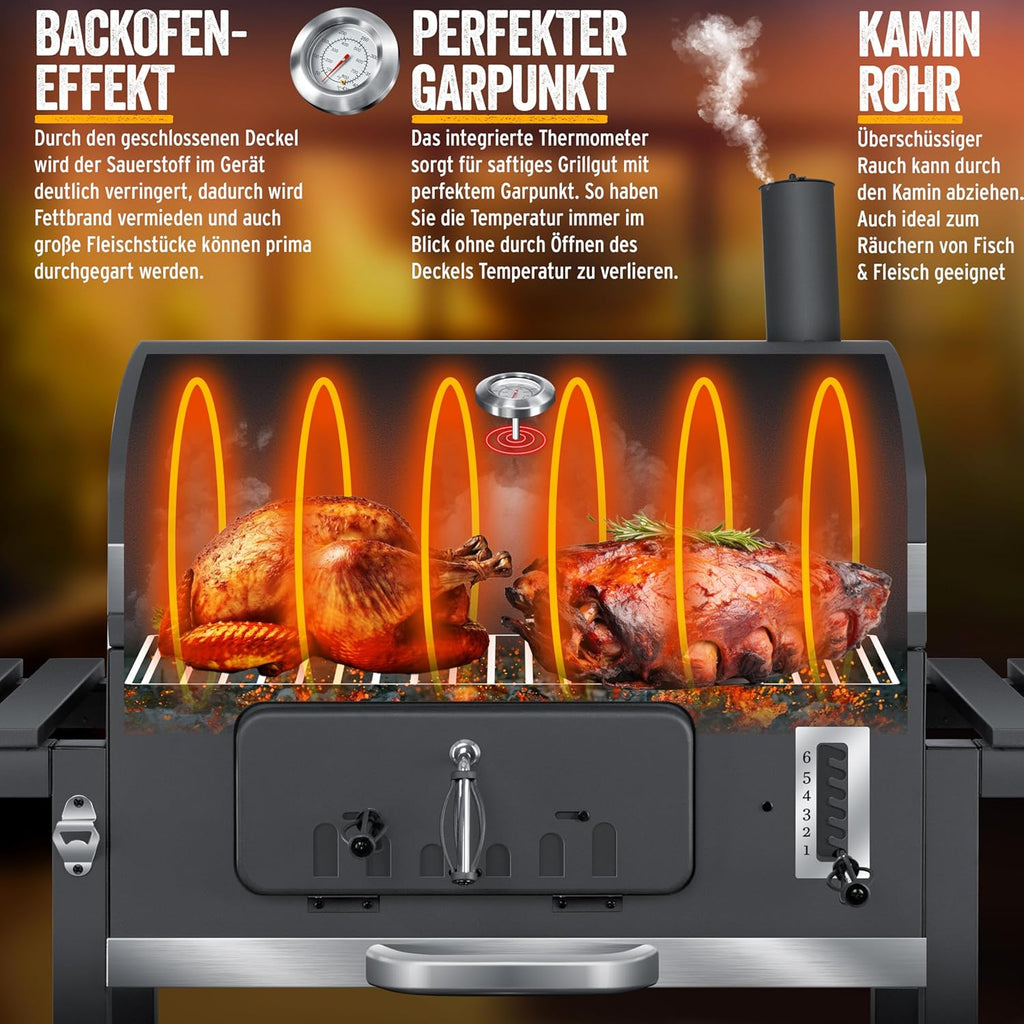 KESSER® Grill Grillwagen BBQ Smoker XXL Holzkohlegrill mit Deckel, Rädern, Edelstahl-Griff, Grillrost und Thermometer, 8 Spieße mit Tasche & Silikon-Pinsel, Standgrill, Kohlegrillwagen