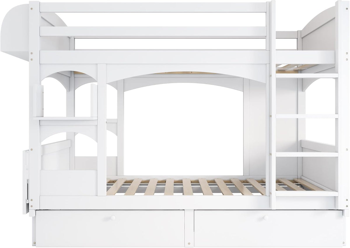 Kinderbett Etagenbett 2 Kinder 90x200 cm mit Klapp-Schreibtisch und Regal, Jugendbett Hochbett mit Rausfallschutz und 2 Schubladen, Holzbett Bettgestell mit Lattenrost, Weiß, Ohne Matratze