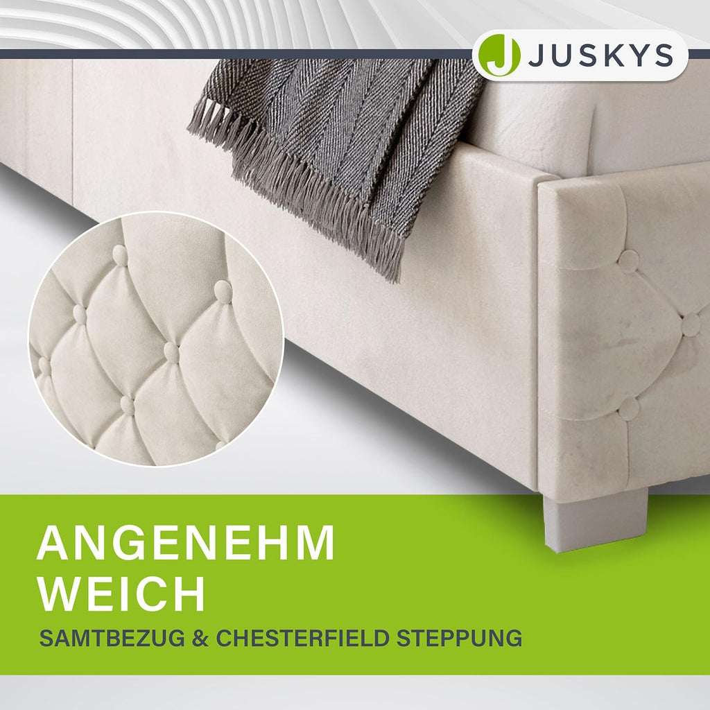 Juskys Polsterbett Nizza 140x200 cm Samt mit Stauraum, LED Beleuchtung & Lattenrost - Chesterfield Steppung & Kopfteil - Bett Bettgestell - Beige