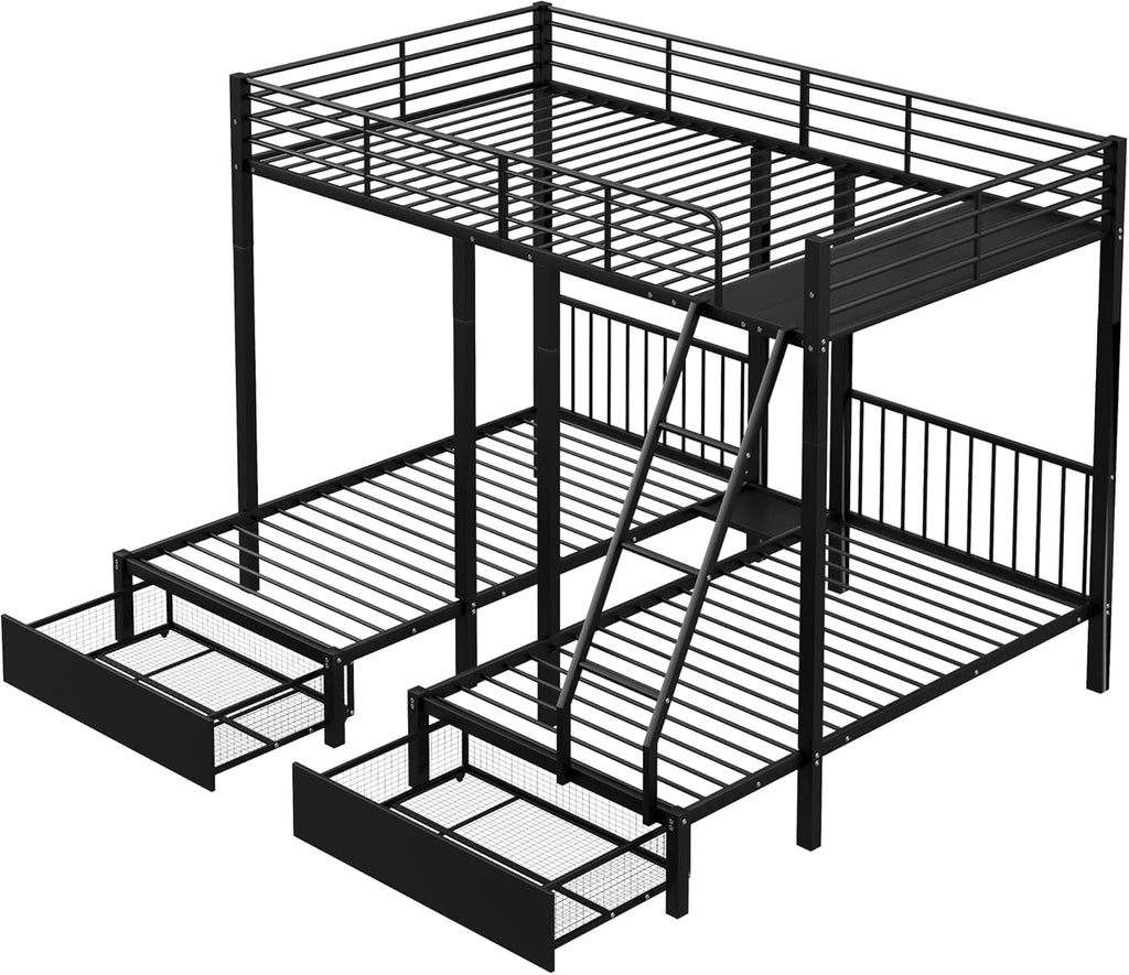 Dreifaches Etagenbett mit Schubladen, Metallbettrahmen, umwandelbar in 140 x 200 Doppelbett und Zwei 90 x 200 Einzelbetten, multifunktionales Metallrahmenbett, Schwarz
