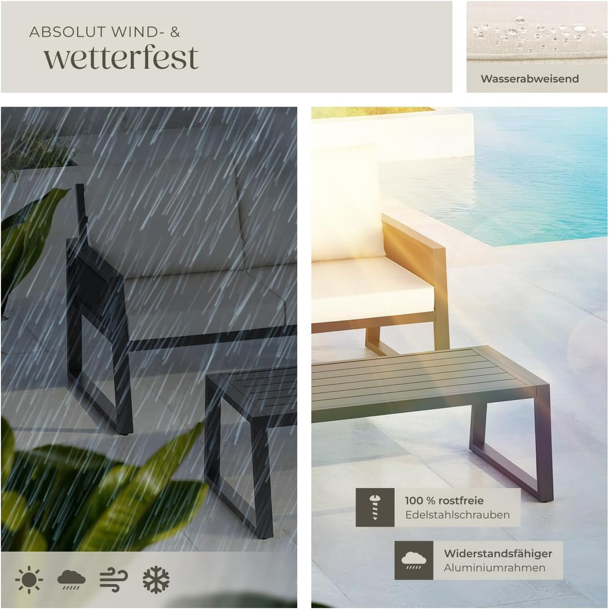 tectake® Rope Design Lounge Möbel Set für Garten oder Balkon, Aluminium Outdoor Sitzgruppe Terrassenmöbel mit Sofa und Tisch in Holz Optik, inkl. Gartenmöbel-Kissen, wetterfest