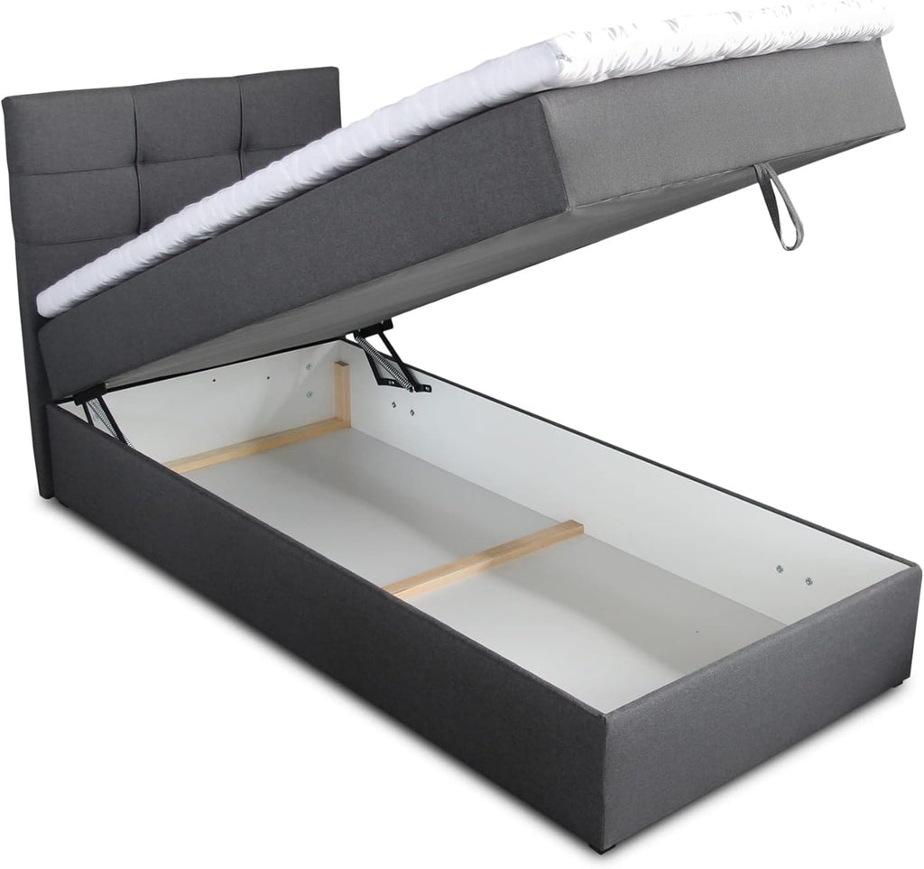 Sofnet Boxspringbett Best Mini mit Bettkasten und Matratzentopper - Einzelbett mit Bonell-Matratze und Topper, Polsterbett, Bett, Schlafzimmer (100 x 200 cm, Grau (Inari 91))
