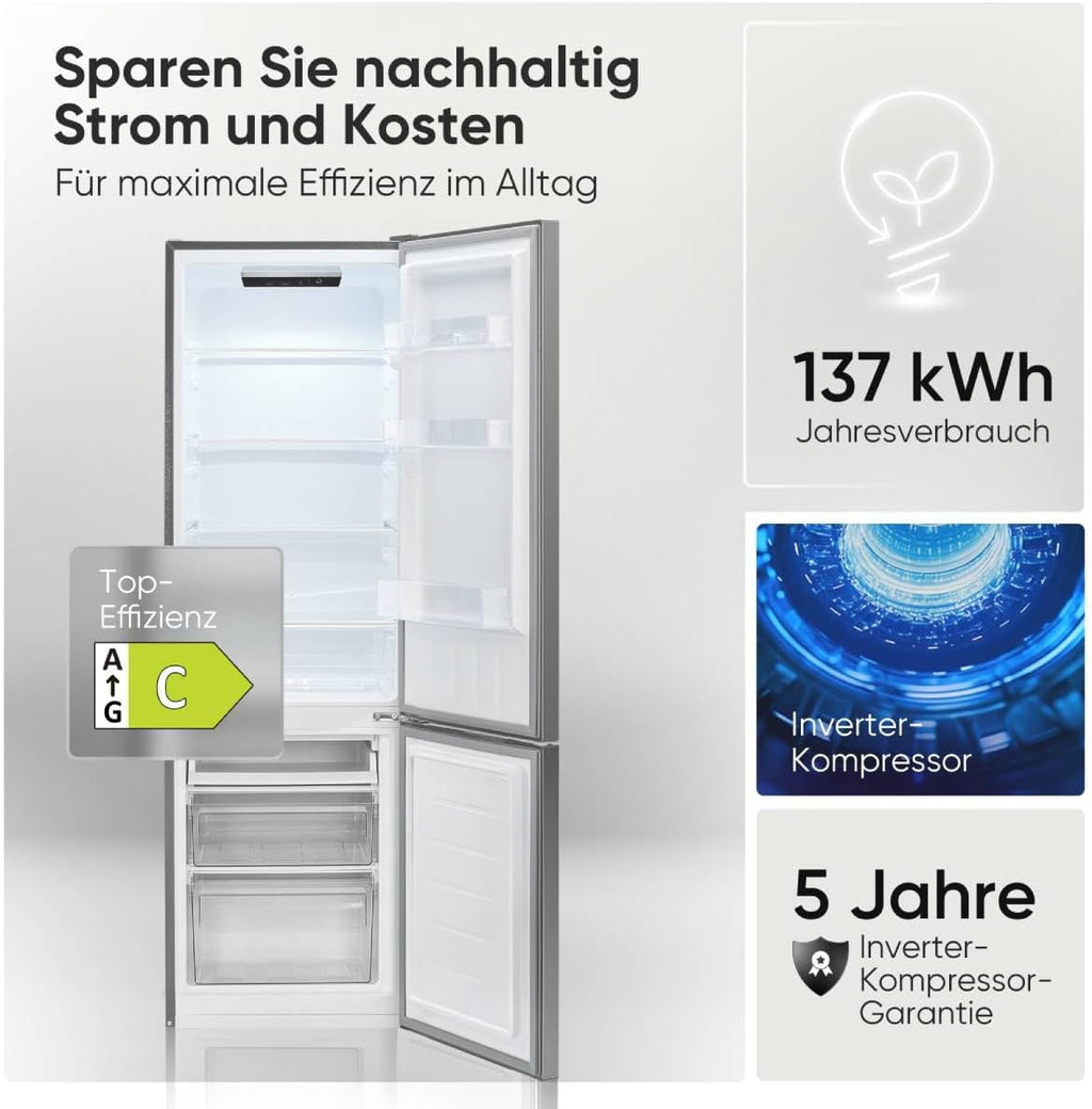 Bomann® Kühlschrank mit Gefrierfach | Energieklasse C | 176cm | LowFrost | 5 Jahre Kompressor-Garantie | Kühl Gefrierkombination leise | Türanschlag wechselbar | Kühlgefrierkombi | KG 7369 silber