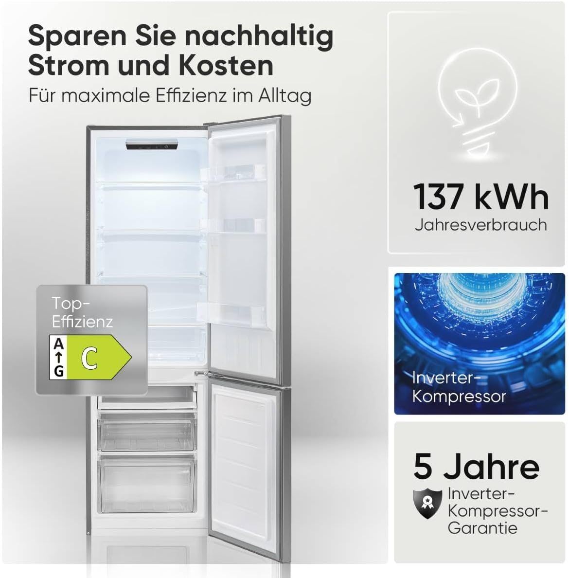 Bomann® Kühlschrank mit Gefrierfach | Energieklasse C | 176cm | LowFrost | 5 Jahre Kompressor-Garantie | Kühl Gefrierkombination leise | Türanschlag wechselbar | Kühlgefrierkombi | KG 7369 silber