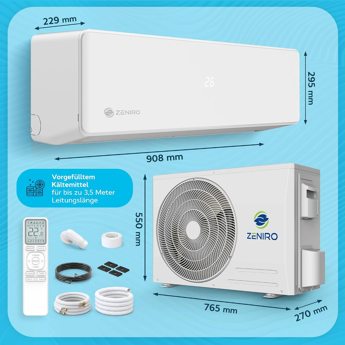 Klimaanlage Split Set - TURBO Cooling - Reine Luft mit Ionisator - WiFi/App-Funktion Klimagerät Kühlen A++/Heizen A+ 5,2kW 18000 BTU Sehr Leise - Fernbedienung, Timerfunktion - Montagematerial