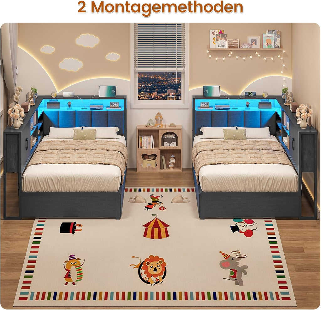 Polsterbett Schlafsofa 90x190 mit LED-Beleuchtung, Ladestation, Tagesbett, Jugendbett mit 2 Schubladen und Lattenrost aus Metall, Kopfteil mit Stauraum, Offene Regale, Schrank, Schwarz