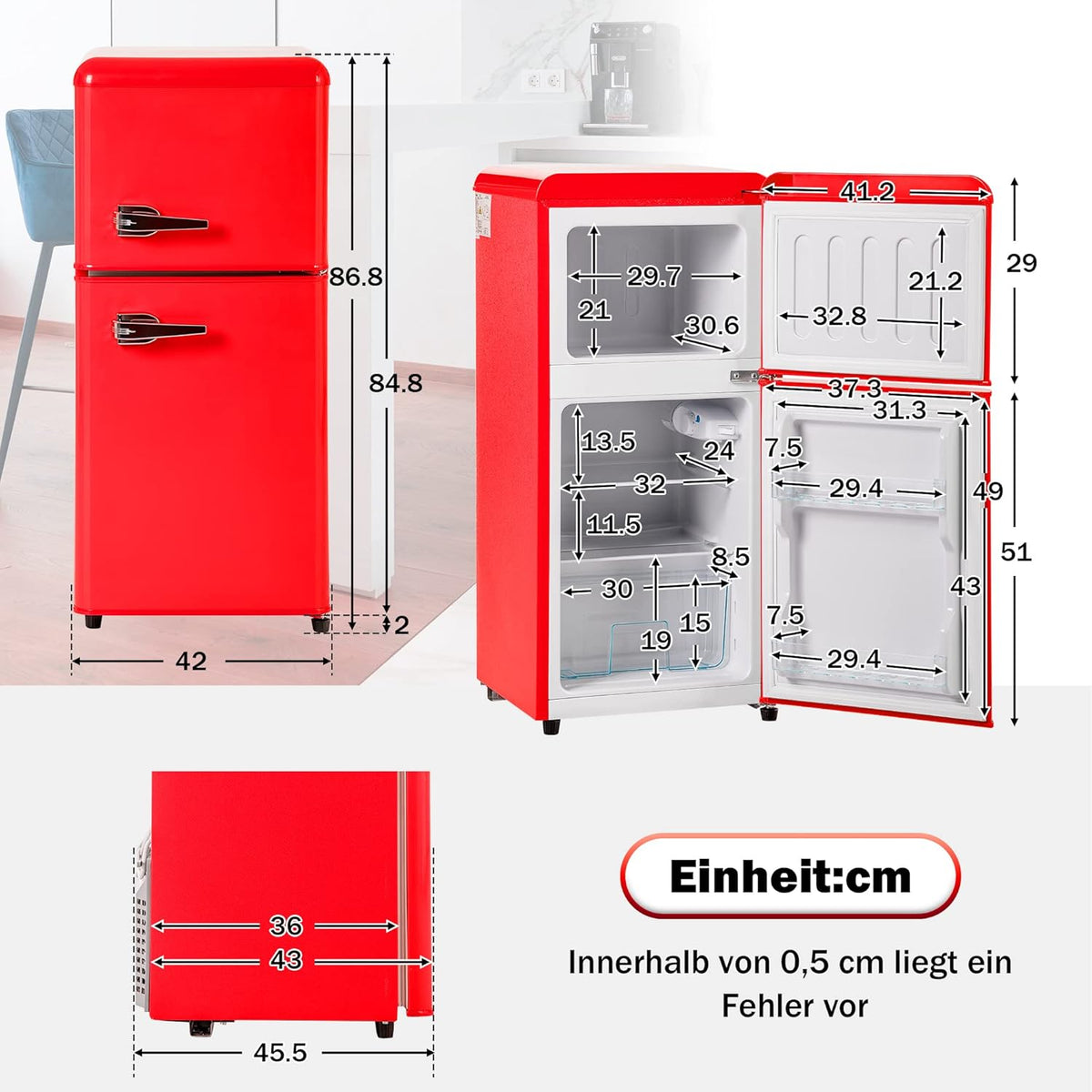 DRIXNO Retro-Kühlschrank Rot Gefrierkombination. 86,8 cm hoch, 45,5 cm breit, zweitürig, mit 60 Liter Gesamtvolumen, 22 Liter Gefriervolumen. 163 kWh/Jahr, -27°C ∽ 13°C, LED-Licht