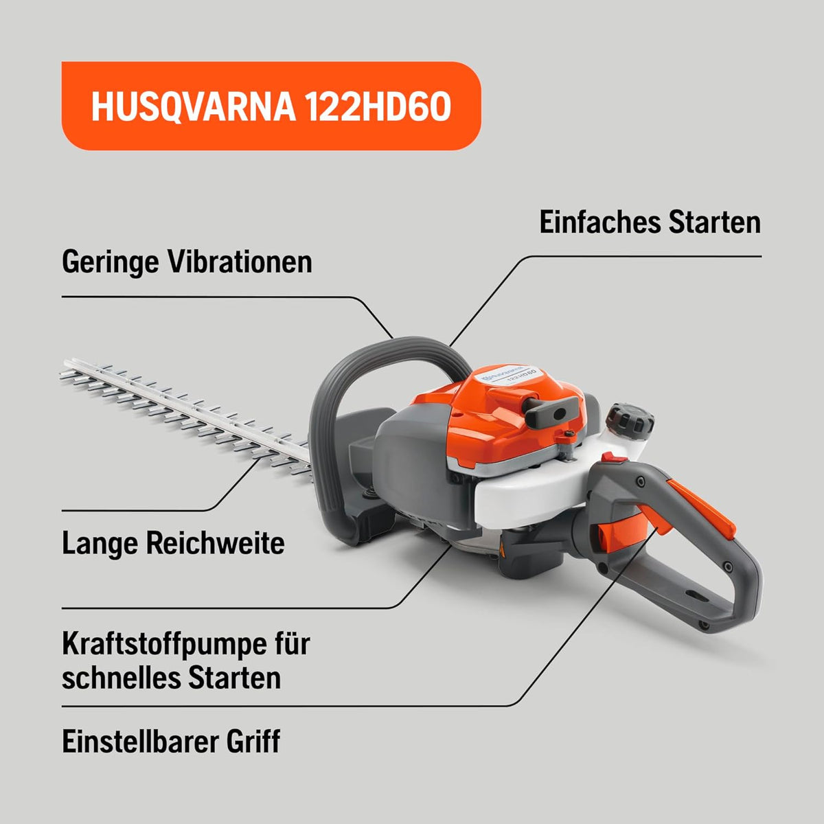 Husqvarna 122HD60 Benzin-Heckenschere - 21,7-cm³-Motor, 59-cm-Dual-Action-Messer, LowVib®-Vibrationsreduzierung, Smart Start®-Technologie, Verstellbarer hinterer Handgriff