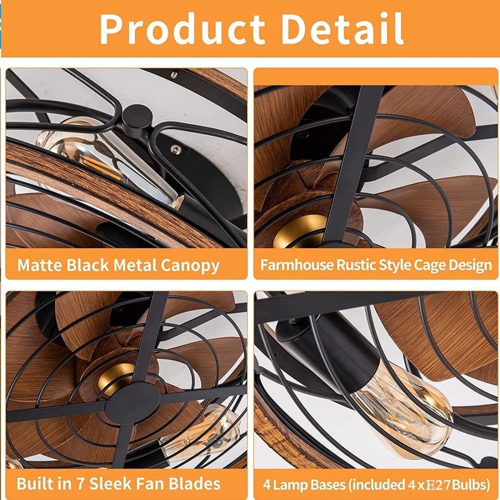 Deckenventilator Mit Beleuchtung Und Fernbedienung Ventilator Deckenleuchte Vintage Industrial Eisenkäfig Wohnzimmer E27 Retro Fan Deckenlampe Esszimmer Schlafzimmer 6 Wind Speeds Lüfterlicht ( Größe