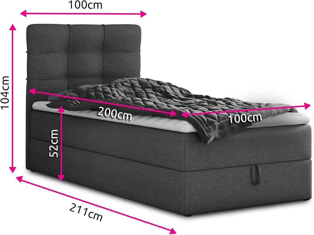 Sofnet Boxspringbett Best Mini mit Bettkasten und Matratzentopper - Einzelbett mit Bonell-Matratze und Topper, Polsterbett, Bett, Schlafzimmer (100 x 200 cm, Grau (Inari 91))