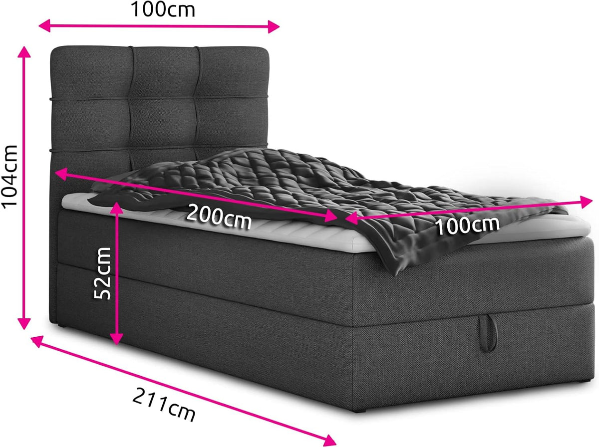 Sofnet Boxspringbett Best Mini mit Bettkasten und Matratzentopper - Einzelbett mit Bonell-Matratze und Topper, Polsterbett, Bett, Schlafzimmer (100 x 200 cm, Grau (Inari 91))