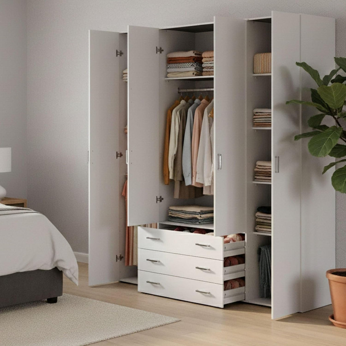Dmora Grande Francine Kleiderschrank, Schlafzimmermöbel, begehbarer Kleiderschrank, 154x50 h200 cm, weiß