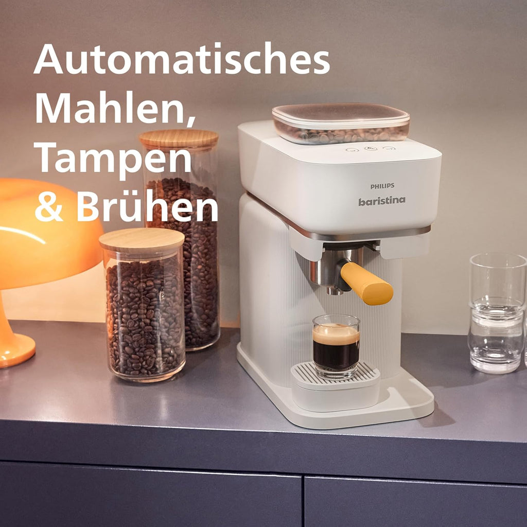 Baristina Espressomaschine – Automatisches Mahlen, Tampen & Brühen,16 Bar, Kaffeemaschine mit Mahlwerk & Siebträger, leichte Reinigung, Espresso & Café Crema, Naturweiß/Mangogelb (BAR305/03)