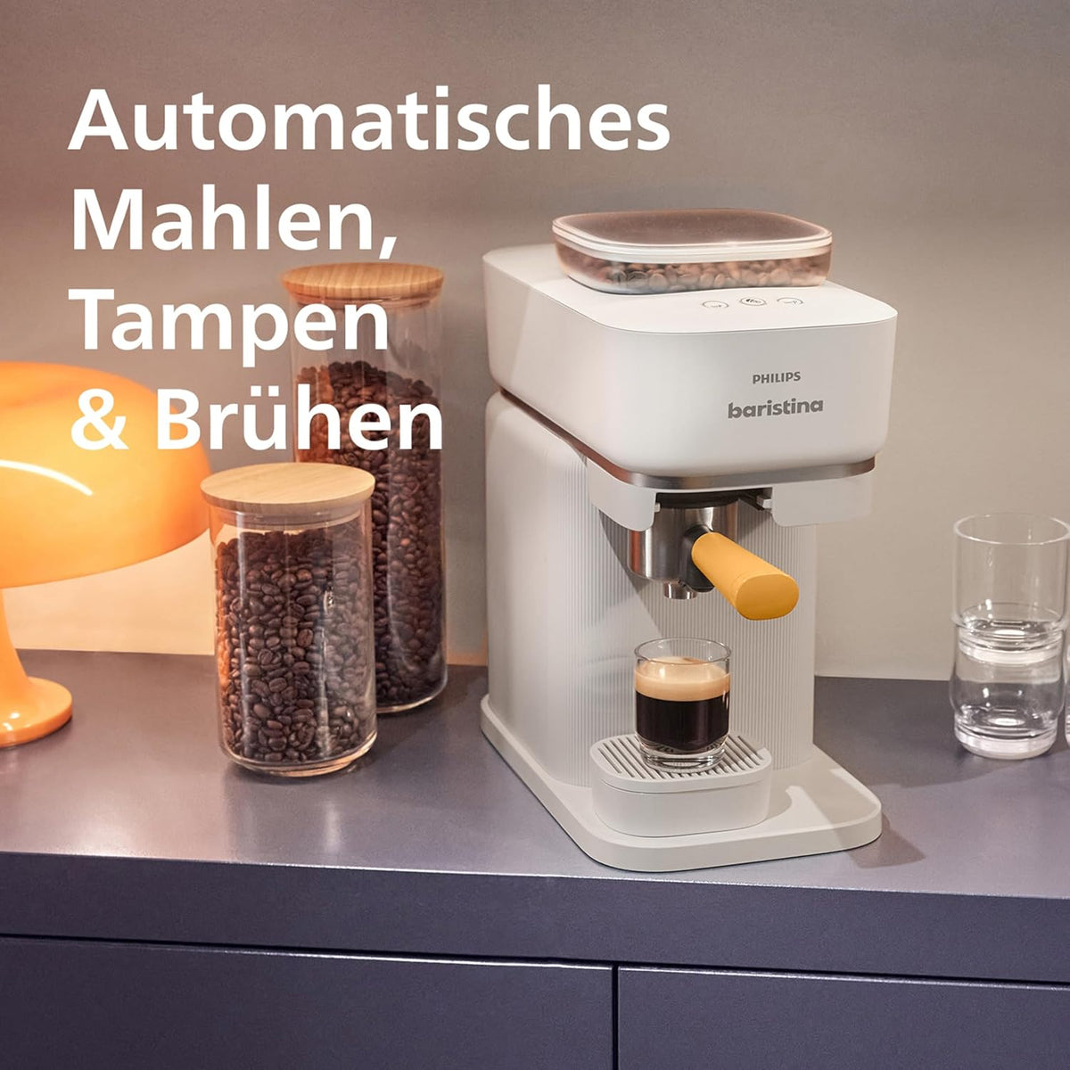 Baristina Espressomaschine – Automatisches Mahlen, Tampen & Brühen,16 Bar, Kaffeemaschine mit Mahlwerk & Siebträger, leichte Reinigung, Espresso & Café Crema, Naturweiß/Mangogelb (BAR305/03)