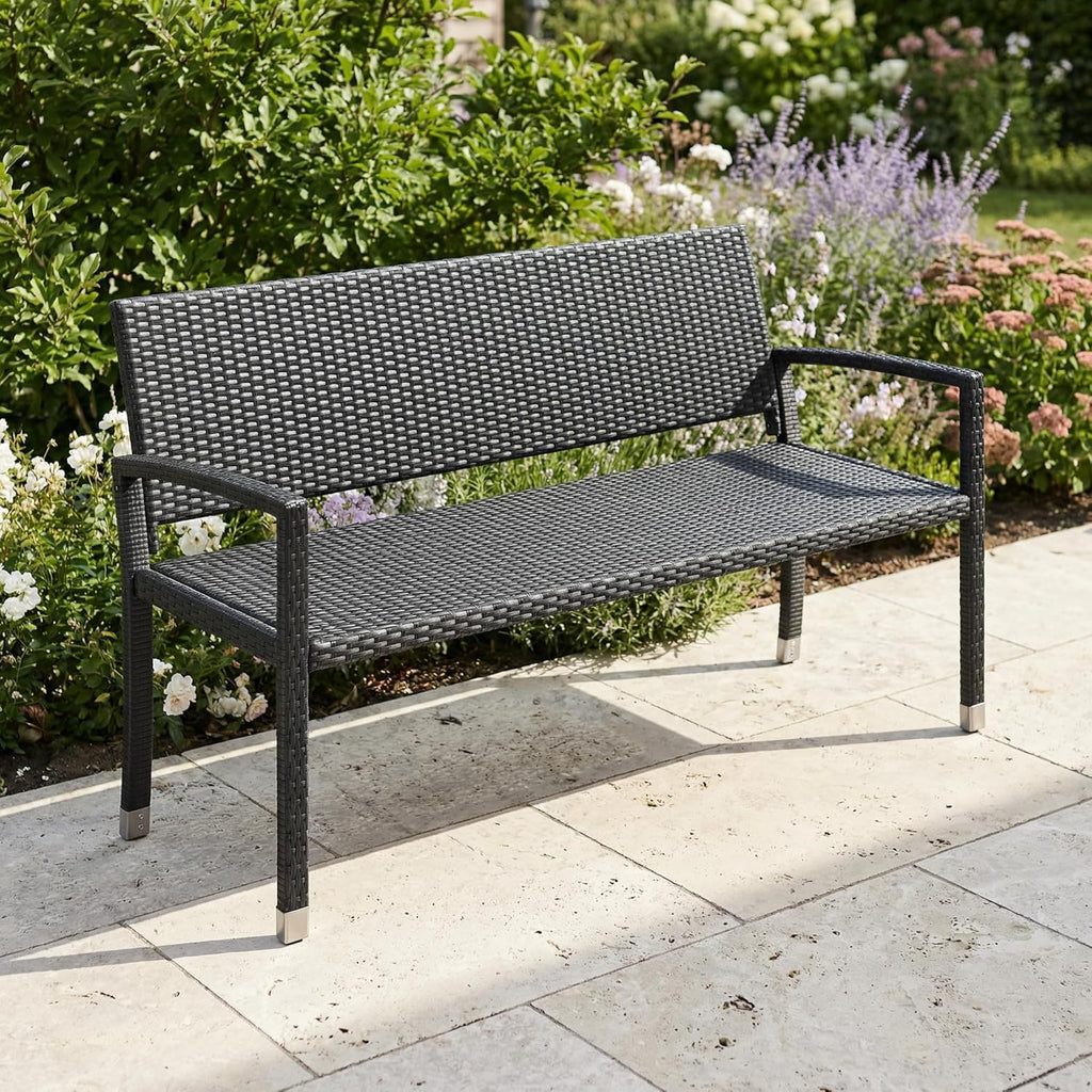STEELSØN Mirador Gartenbank 3 Sitzer schwarz – Sitzbank Outdoor aus Polyrattan – Balkonbank wetterfest – Rattanbank mit ergonomischer Lehne – Parkbank bis 320kg belastbar – Bank für Garten/Terrasse