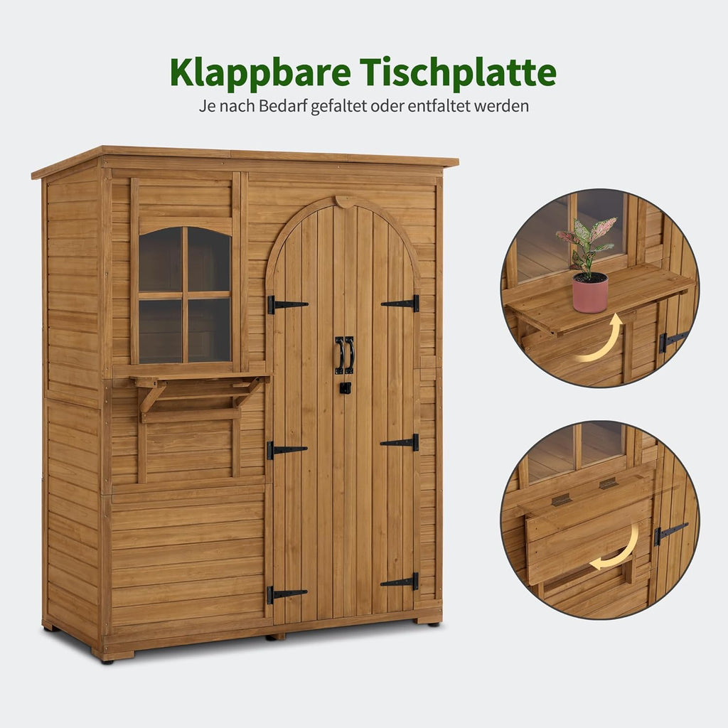 M MCombo Gartenschrank Geräteschuppen Holz Wetterfest, Gartenhaus Outdoor Wasserdicht Begehbar für Außenbereich Balkon Terrasse, Aufbewahrungsschrank mit 3 Regale 73×144×185 cm (Natur)