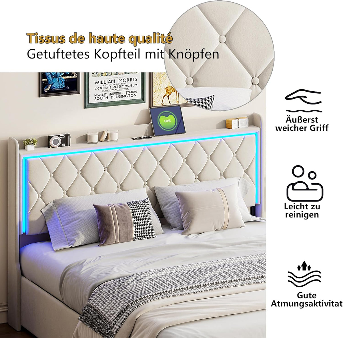 Bett 140x200 mit stauraum, Polsterbett mit LED-Kopfteil, Doppelbett mit USB und Lattenrost, Hydraulischem Stauraum und Metallrahmen, Jugendbett, Bettgestell, Boxspringbett, Samt Beige, Ohne Matratze