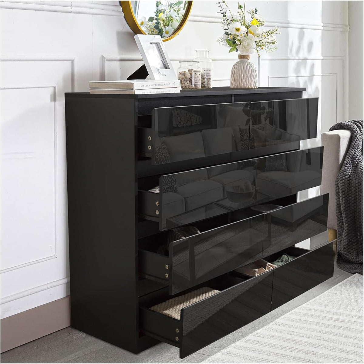 HTI living Sideboard Kenji 8 Schubladen Hochglanz Schwarz Kommode