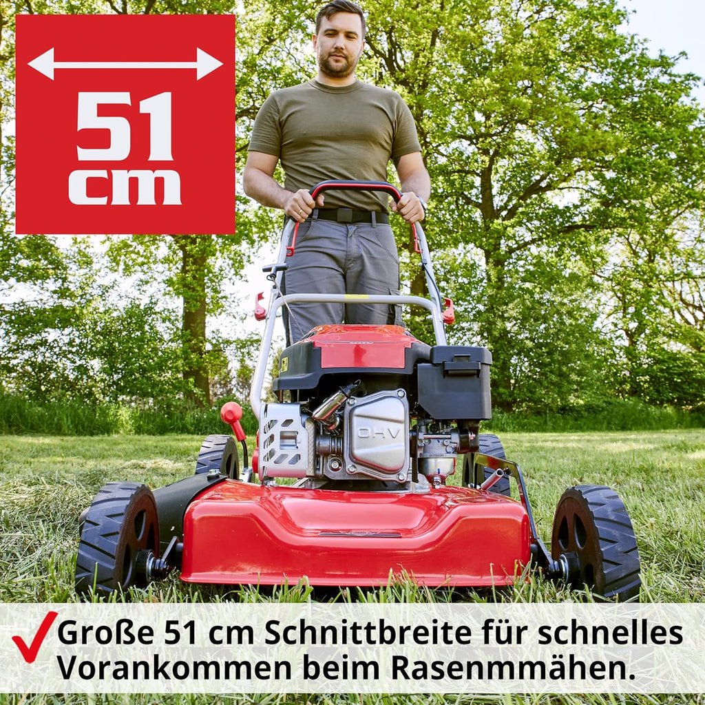 HECHT Benzin Mulchrasenmäher – Benzinrasenmäher mit Mulchfunktion und Seitenauswurf – 51 cm Schnittbreite – HECHT 4 Takt Motor – ohne Fangkorb – Mulchen mit dem Rasenmäher Profi