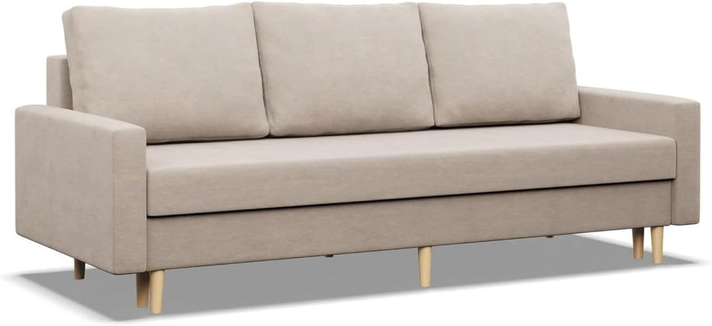Mebligo - Sofa Mit Schlaffunktion Und Bettkasten Blank, 3 Sitzer 212 cm Breit, Schlafsofa Mit Bonellfederkern im Sitz, Ausziehbares Couch Auf Holzfüßen, Wohnzimmer - Beige